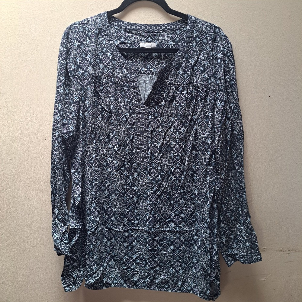 J. Jill Womens 2X Tunic Top Blue Geometric Medallion Rayon Long Sleeve V-Neck
